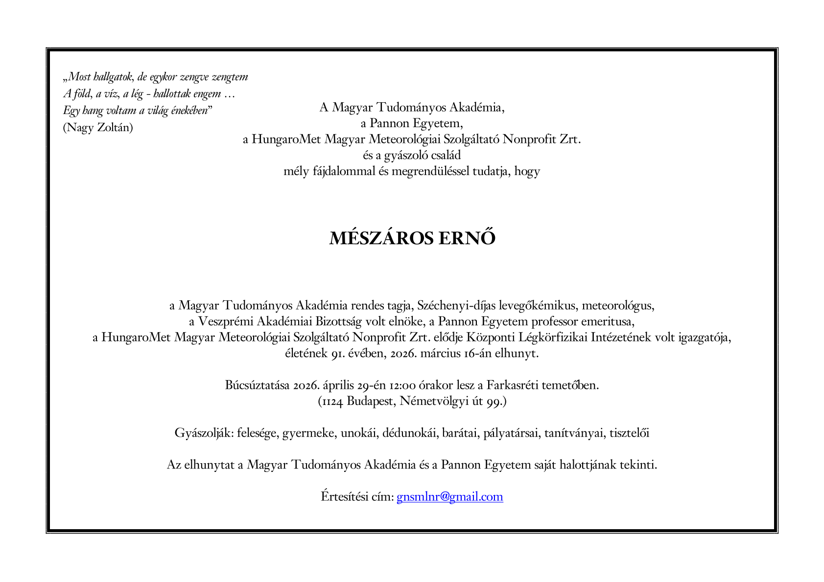 Gyászhír - Mészáros Ernő