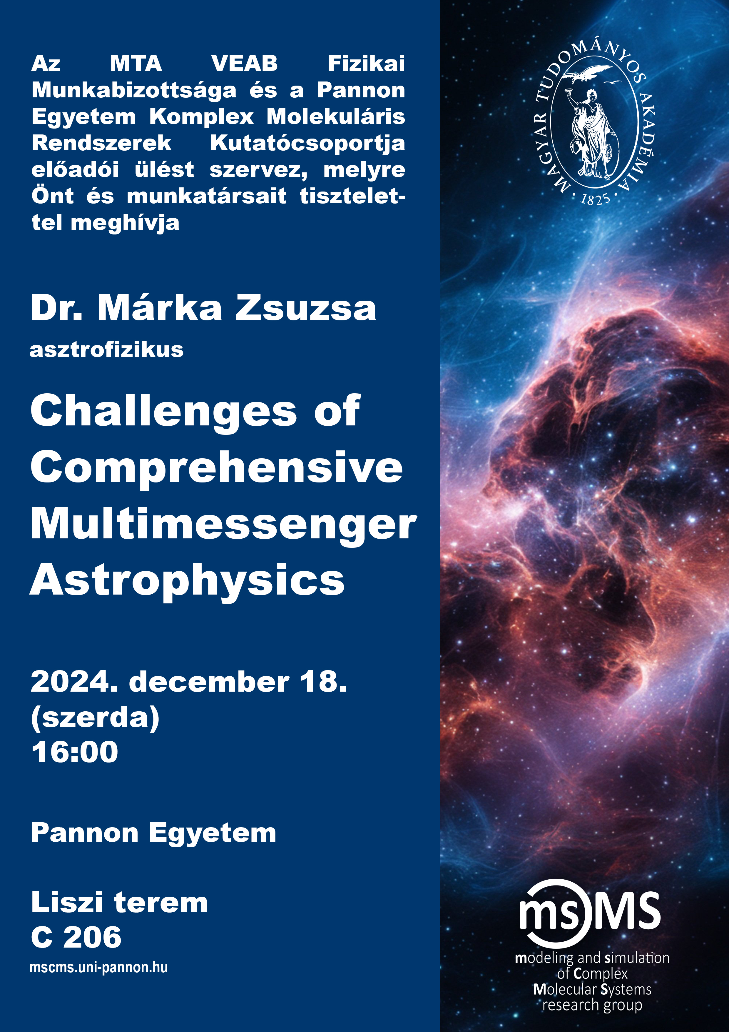 Dr. Márka Zsuzsa asztrofizikus előadása a Pannon Egyetemen